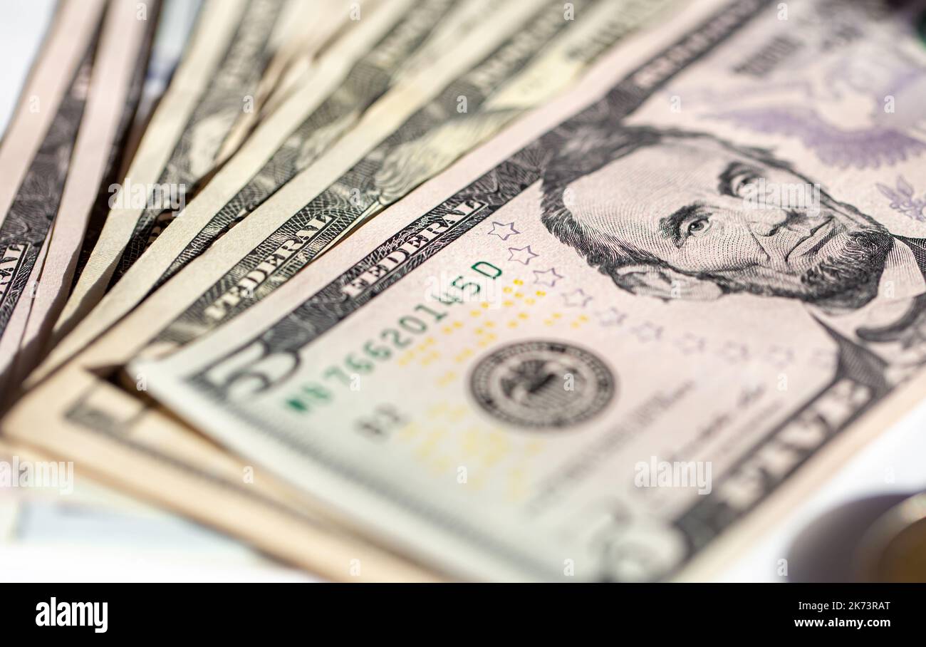 Five dollar bills close up, soft focus Stock Photo Alamy
