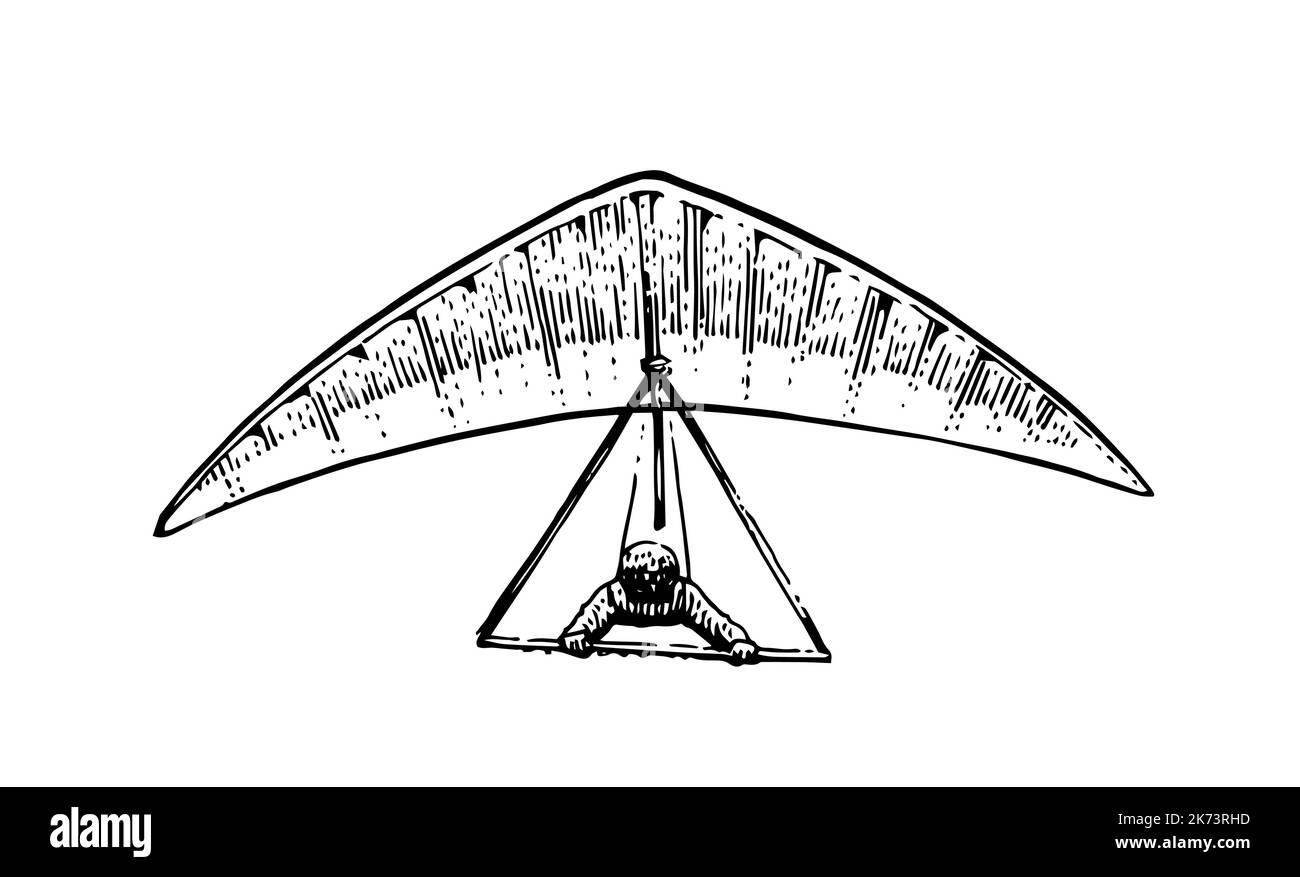 Hang glider flying. Pilot in helmet. Front view. Hand drawn outline sketch. Isolated on white background. Vector Stock Vector