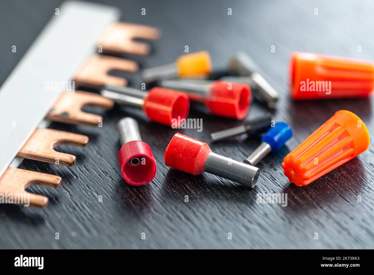 Coloured sleeves, crimp terminals for different wire sizes Stock Photo