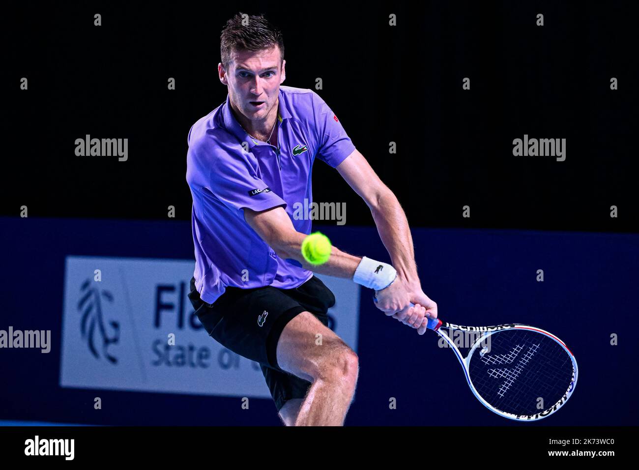 French Manuel Guinard pictured in action during the qualification game  between French Guinard and Dutch De Jong at the European Open Tennis ATP  tournament, in Antwerp, Monday 17 October 2022. BELGA PHOTO