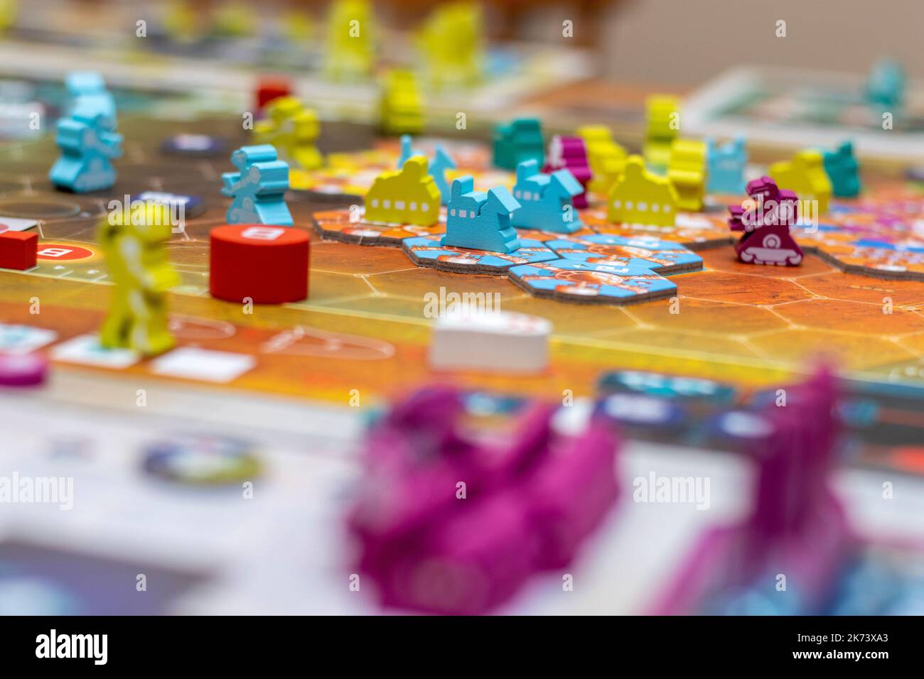 Board game concept. Board game field, many figures, dice and coins