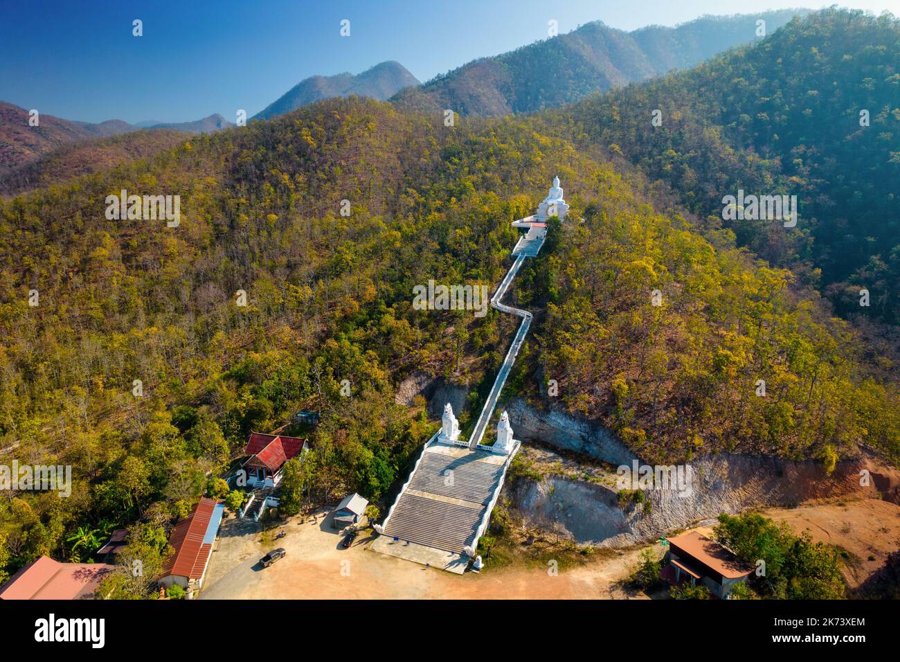 Aerial shot of the famous white Buddha statue in Pai, north Thailand Stock Photo