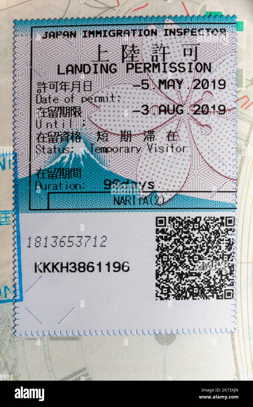 Japan immigration inspector landing permission sticker in british