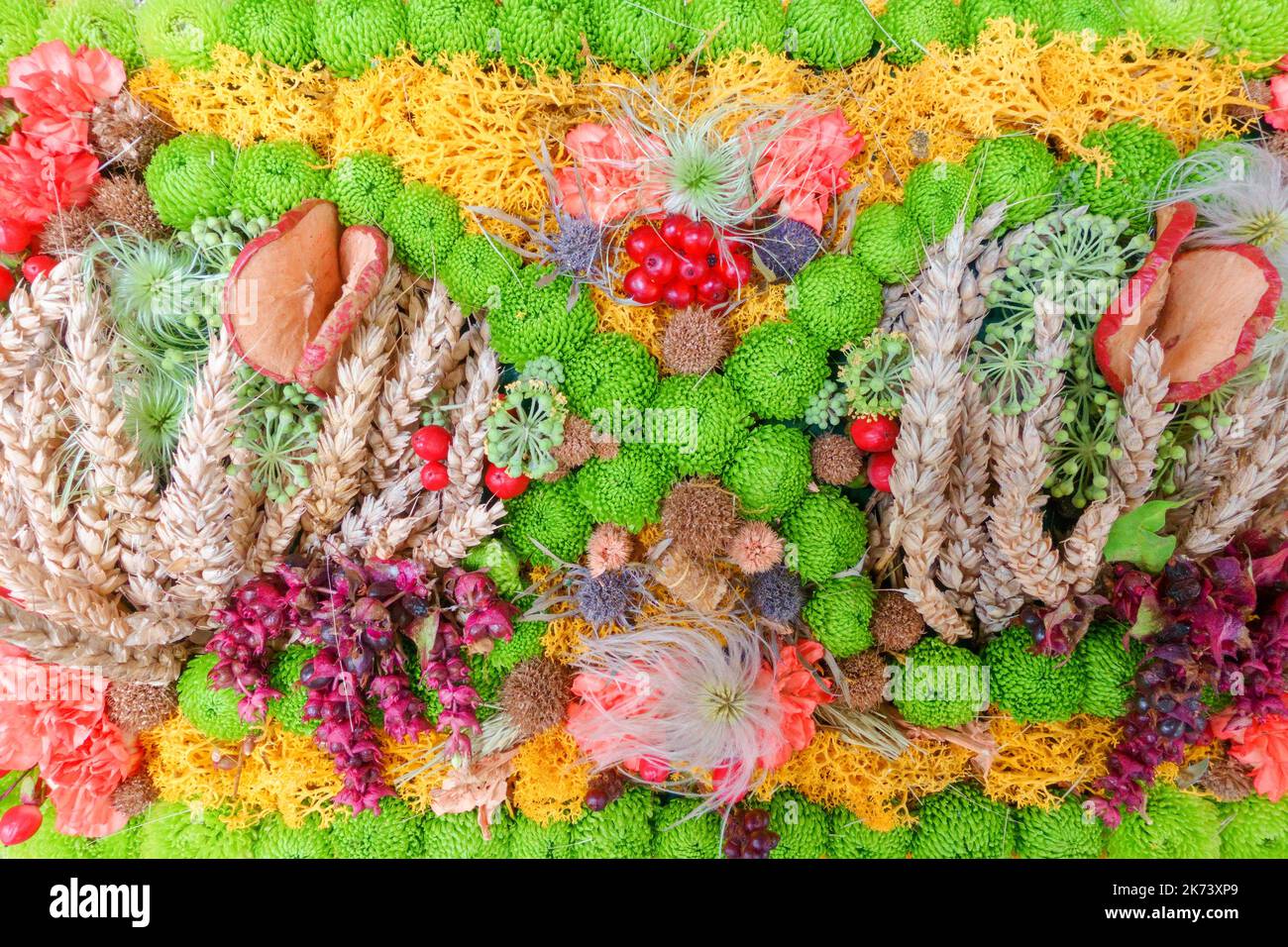 Harvest festival display containing fruit and seeds Worcestershire England UK. September 2022
