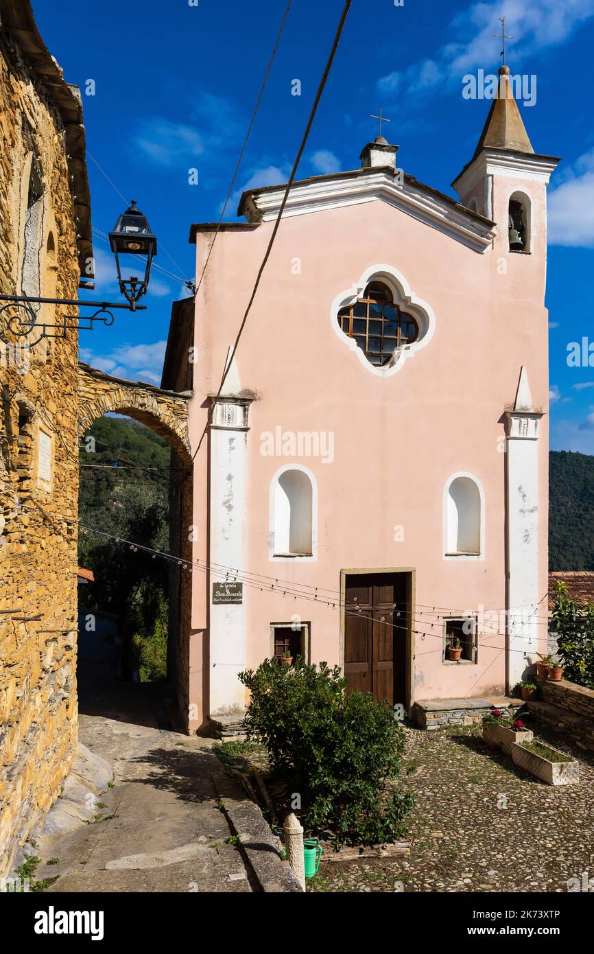 Oratory of San Benedetto Revelli in village of Tavole. Prelà municipality Liguria region, Italy. Province of Imperia. Italy. Stock Photo
