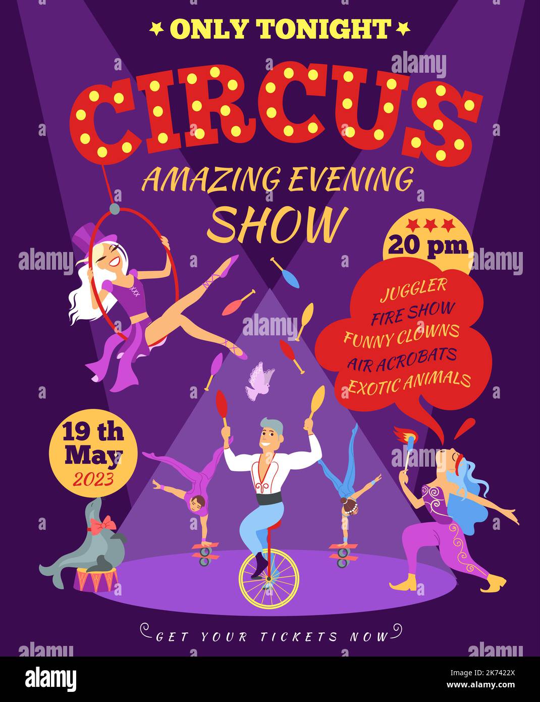 Cartoon circus show poster. Invitation with different performers