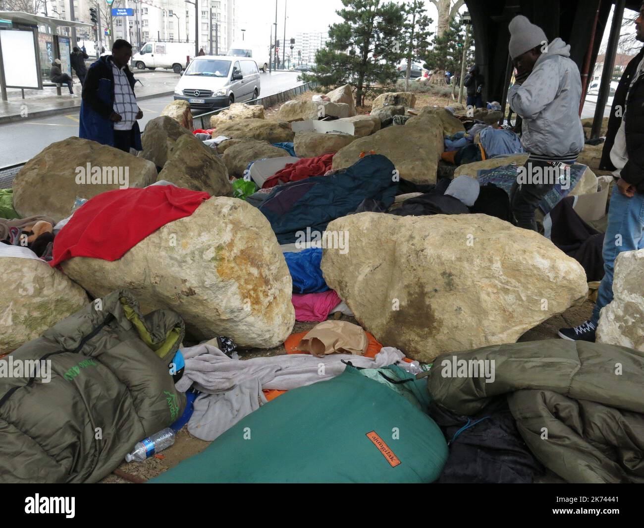 Paris, France, feb 14th 2017 Blocks installed in the middle of Boulevard Ney to prevent the settlement of migrants who can not find a place in La Chapelle emergency housing center Stock Photo