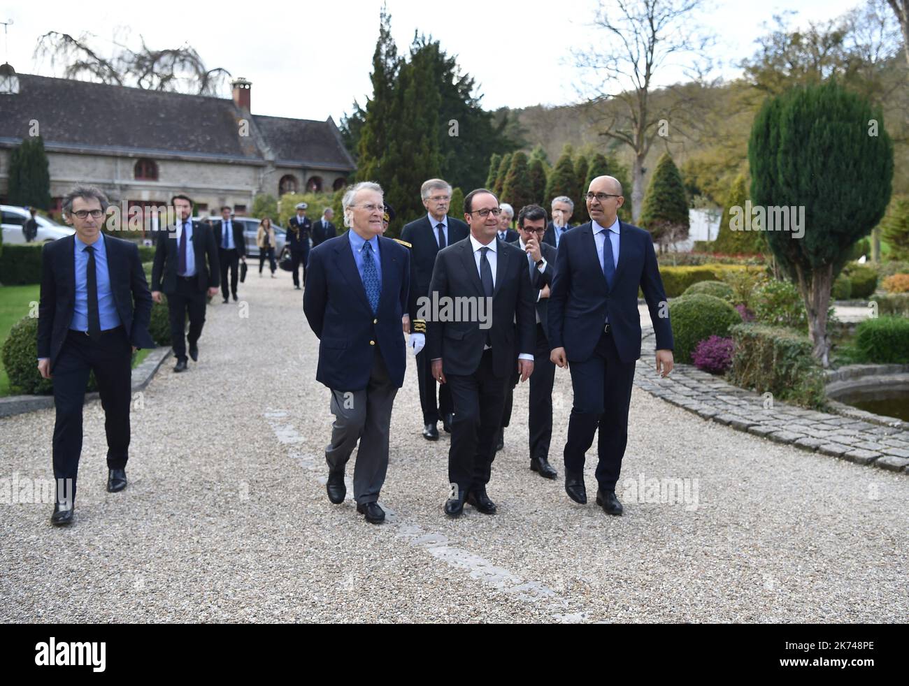 Jean-Jaures Foundation director-general Gilles Finchelstein, Jean-Jaures Foundation president Henri Nallet, French President Francois Hollande and French Secretary of State for European Affairs Harlem Desir during the 3rd session of the Initiative 'Think Tanks Tandem'. Stock Photo