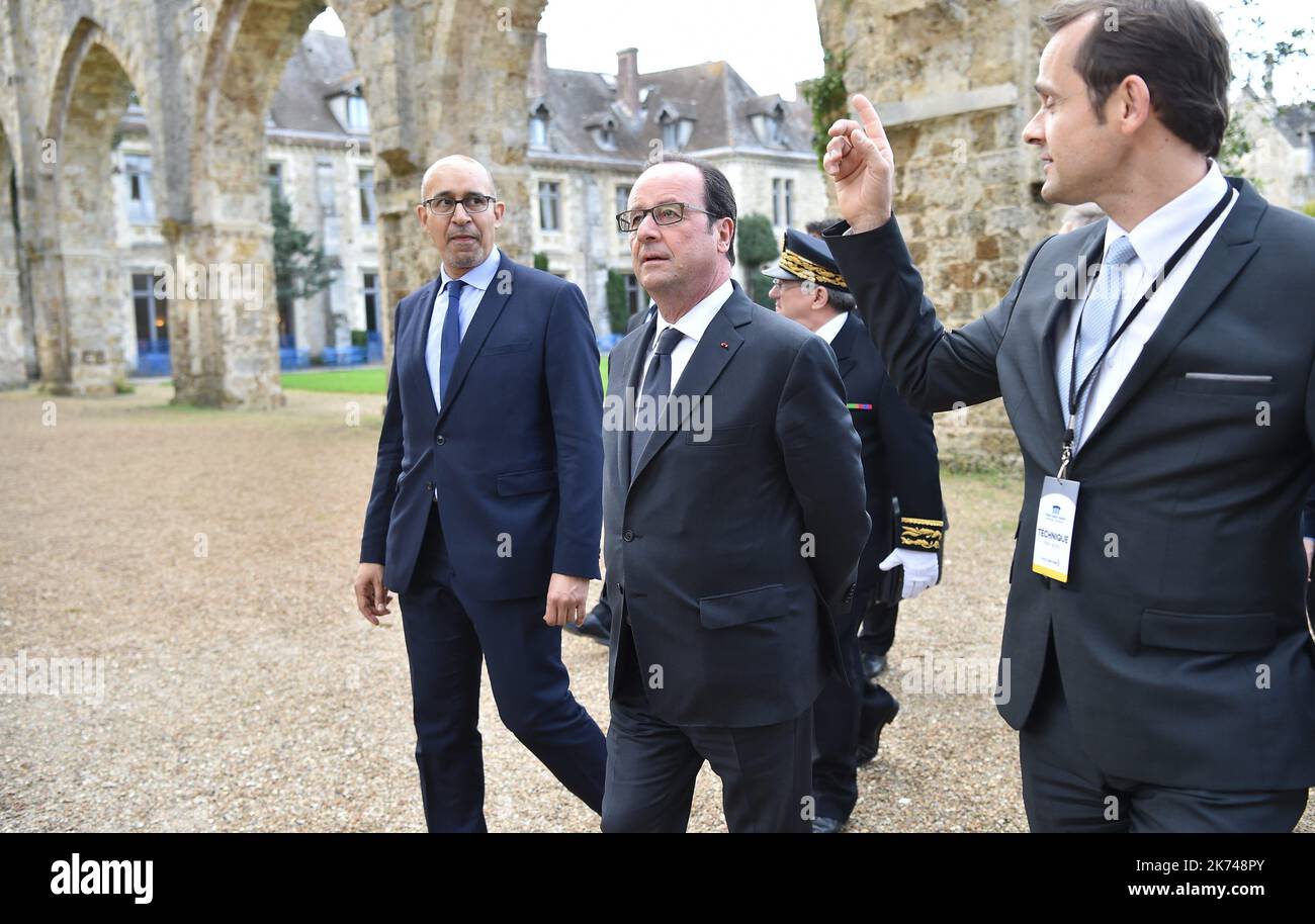 Jean-Jaures Foundation director-general Gilles Finchelstein, Jean-Jaures Foundation president Henri Nallet, French President Francois Hollande and French Secretary of State for European Affairs Harlem Desir during the 3rd session of the Initiative 'Think Tanks Tandem'. Stock Photo
