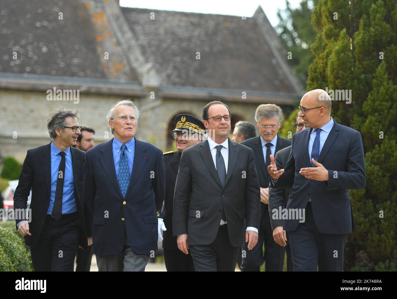 Jean-Jaures Foundation director-general Gilles Finchelstein, Jean-Jaures Foundation president Henri Nallet, French President Francois Hollande and French Secretary of State for European Affairs Harlem Desir during the 3rd session of the Initiative 'Think Tanks Tandem'. Stock Photo