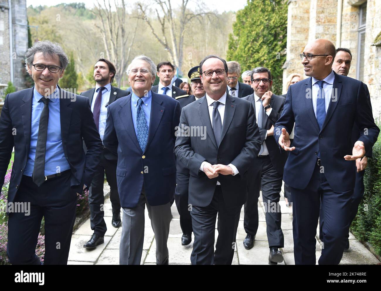 Jean-Jaures Foundation director-general Gilles Finchelstein, Jean-Jaures Foundation president Henri Nallet, French President Francois Hollande and French Secretary of State for European Affairs Harlem Desir during the 3rd session of the Initiative 'Think Tanks Tandem'. Stock Photo