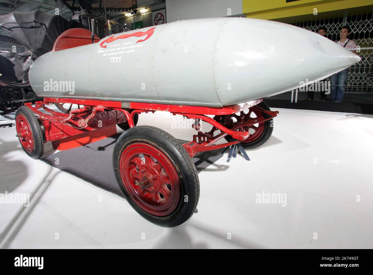 La Jamais Contente, in English 'The Never Satisfied', is an electric car that beat the world speed record with 105km/h in 1899. Here it is on show at the Paris Motor Show in 2006. Stock Photo