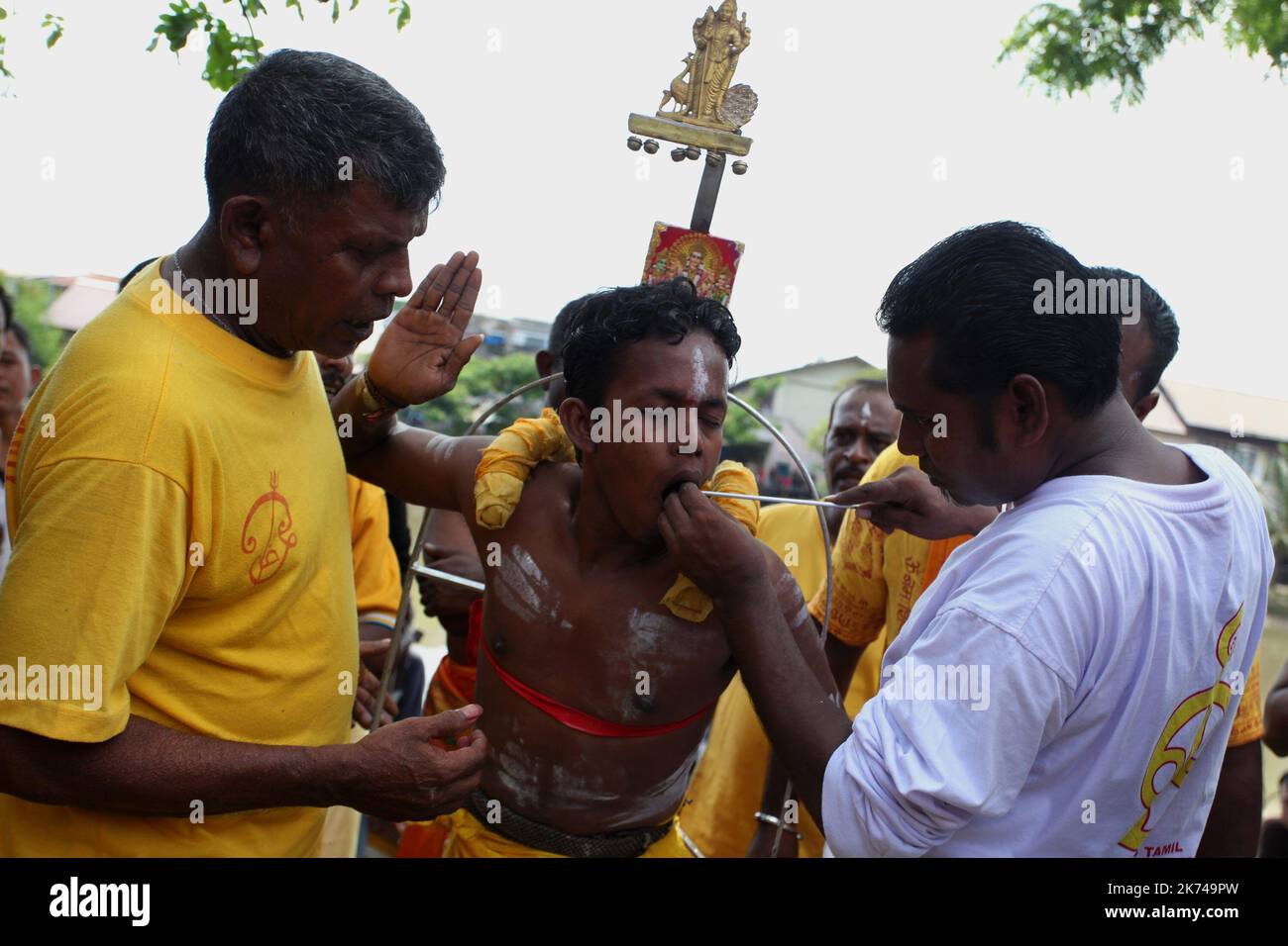 Banda Aceh, Indonesia - April 16.2017: Adherents of Hinduism in Banda Aceh, Indonesia celebrated ritual 'Maha Puja Pangguni Uthiram' in Andawa Palani temple, this ritual as to pray to 'God Murugan,' thanked and make vows and pray that mankind may live in peace and prosperity.  Stock Photo