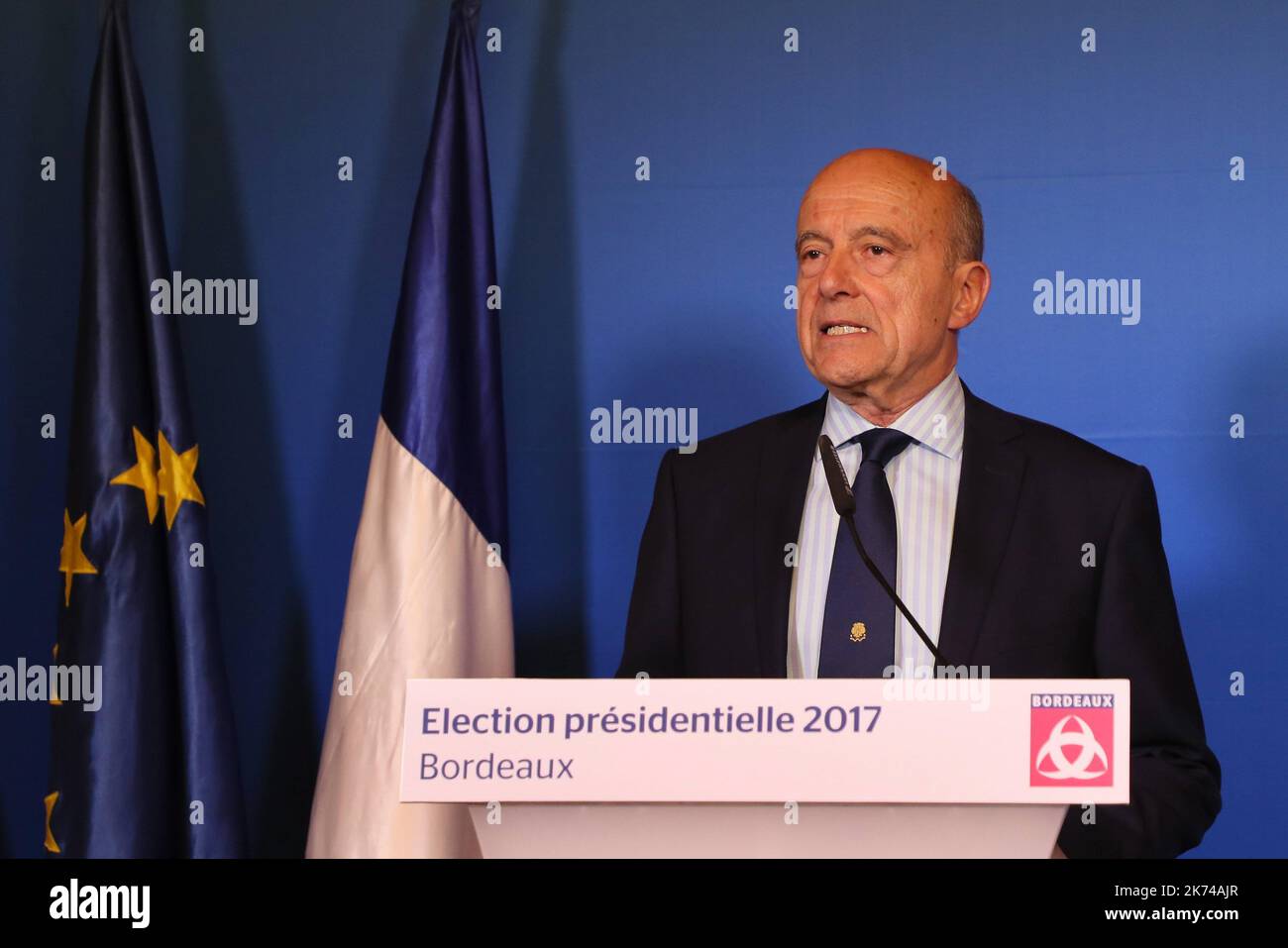 First round of the French presidential elections 2017 Alain Juppé delivers a speech   Stock Photo