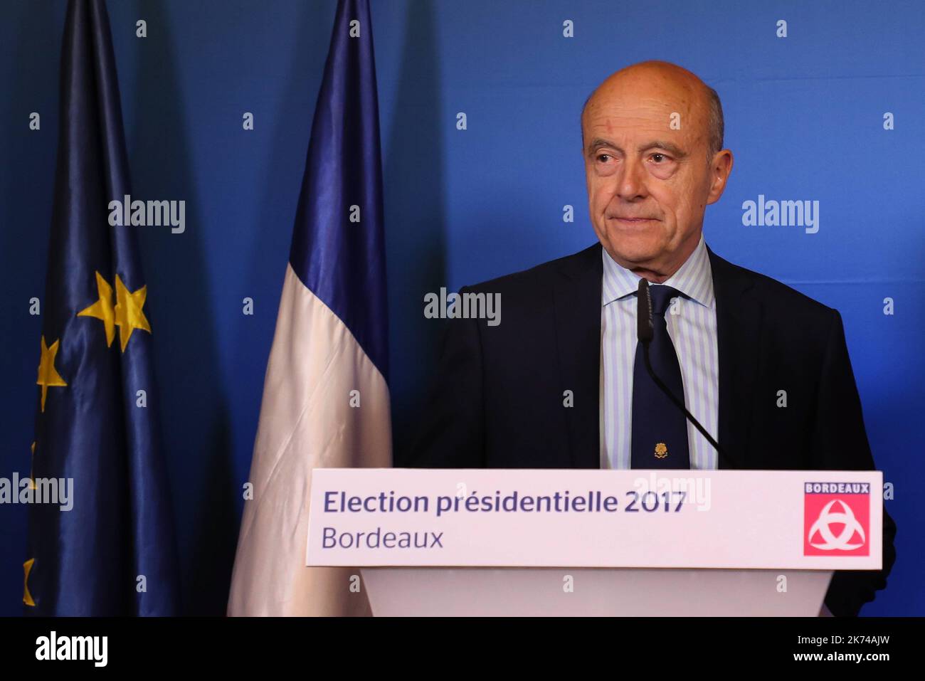 First round of the French presidential elections 2017 Alain Juppé delivers a speech   Stock Photo