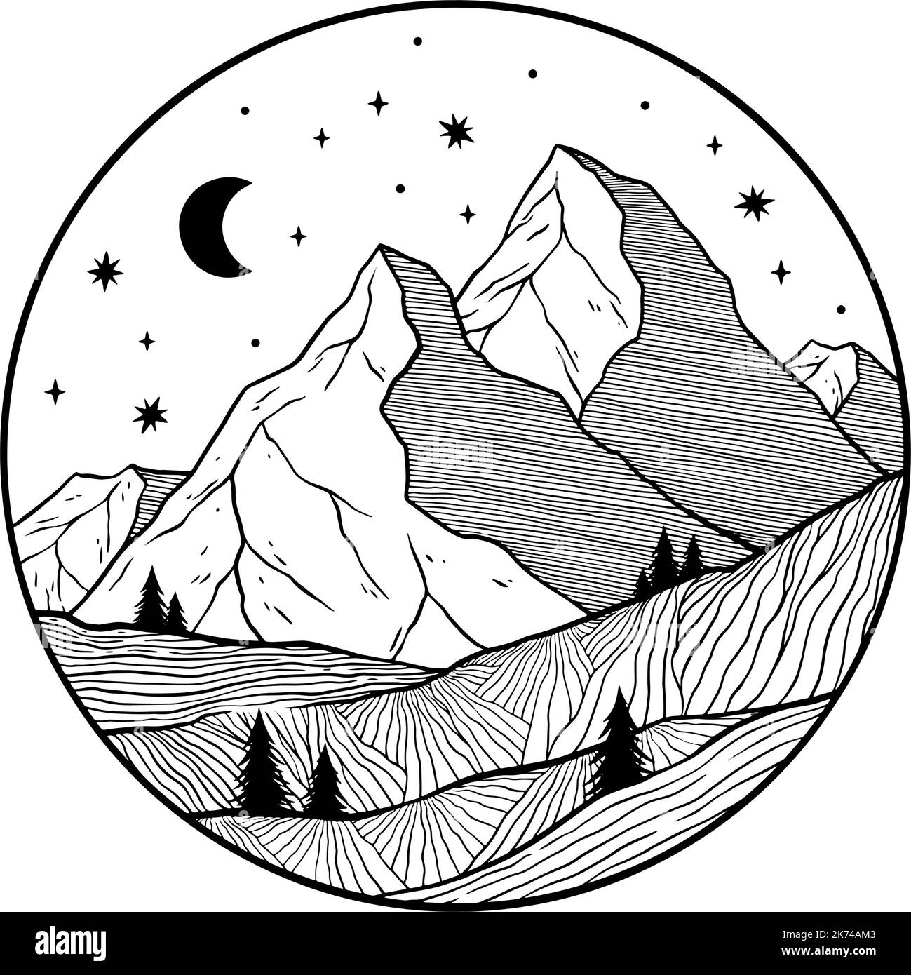 Circle landscape mountain. Art adventure logo, icon, symbol design ...