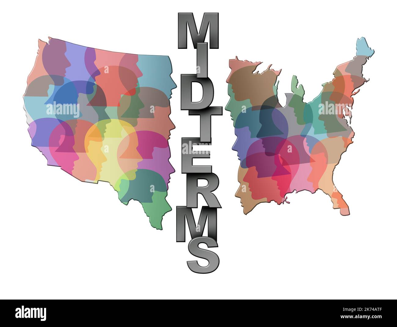 Midterm elections and Midterms concept or United States elections and USA vote and divided American politics as different philosophy as cultures. Stock Photo