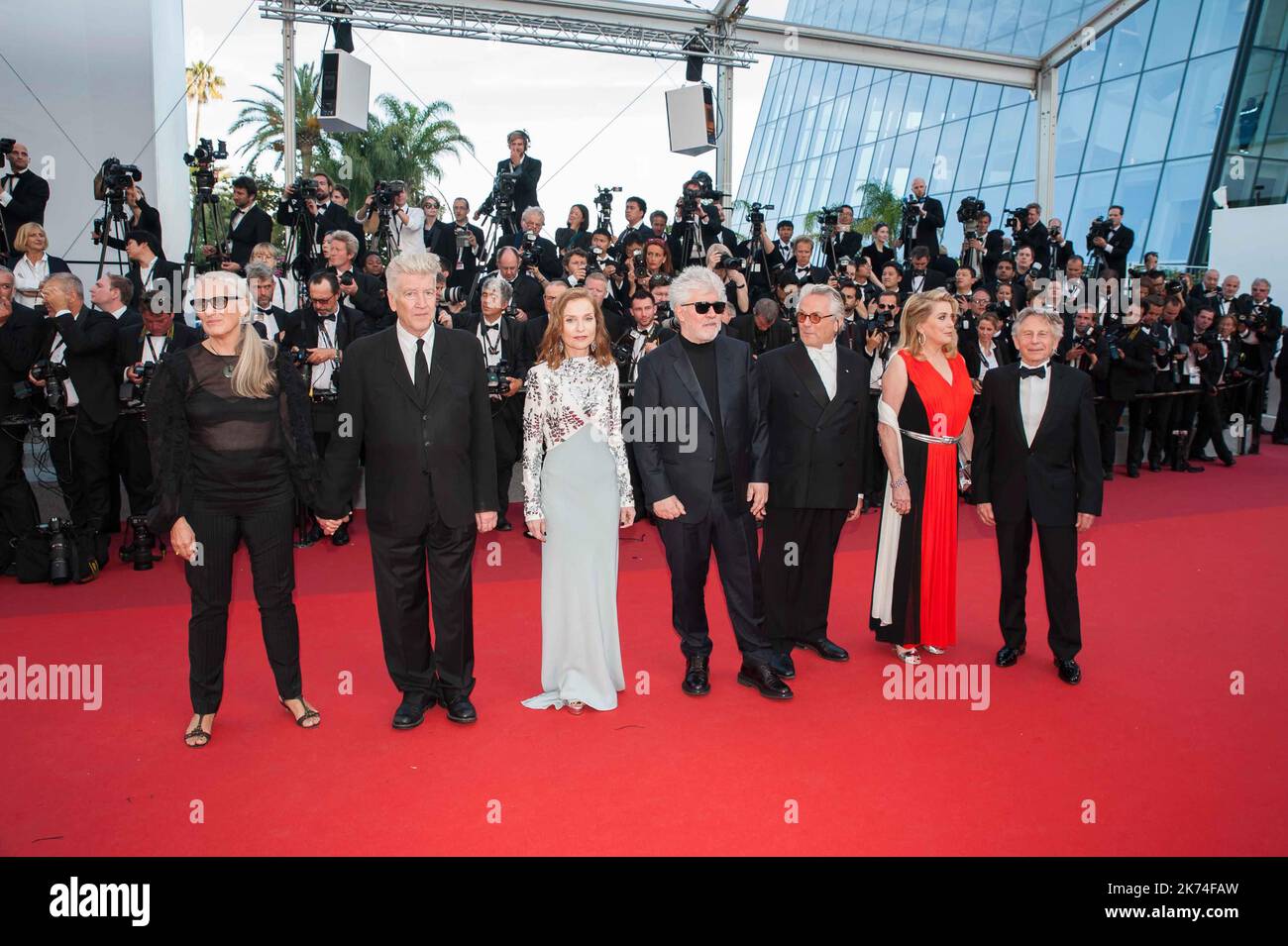 Jury members Paolo Sorrentino, Gabriel Yared and Jessica Chastain, President of the jury Pedro Almodovar and jury members Fan Bingbing, Will Smith, Agnes Jaoui, Maren Ade and Park Chan-wook attend the 70th Anniversary of the 70th annual Cannes Film Festival at Palais des Festivals Stock Photo
