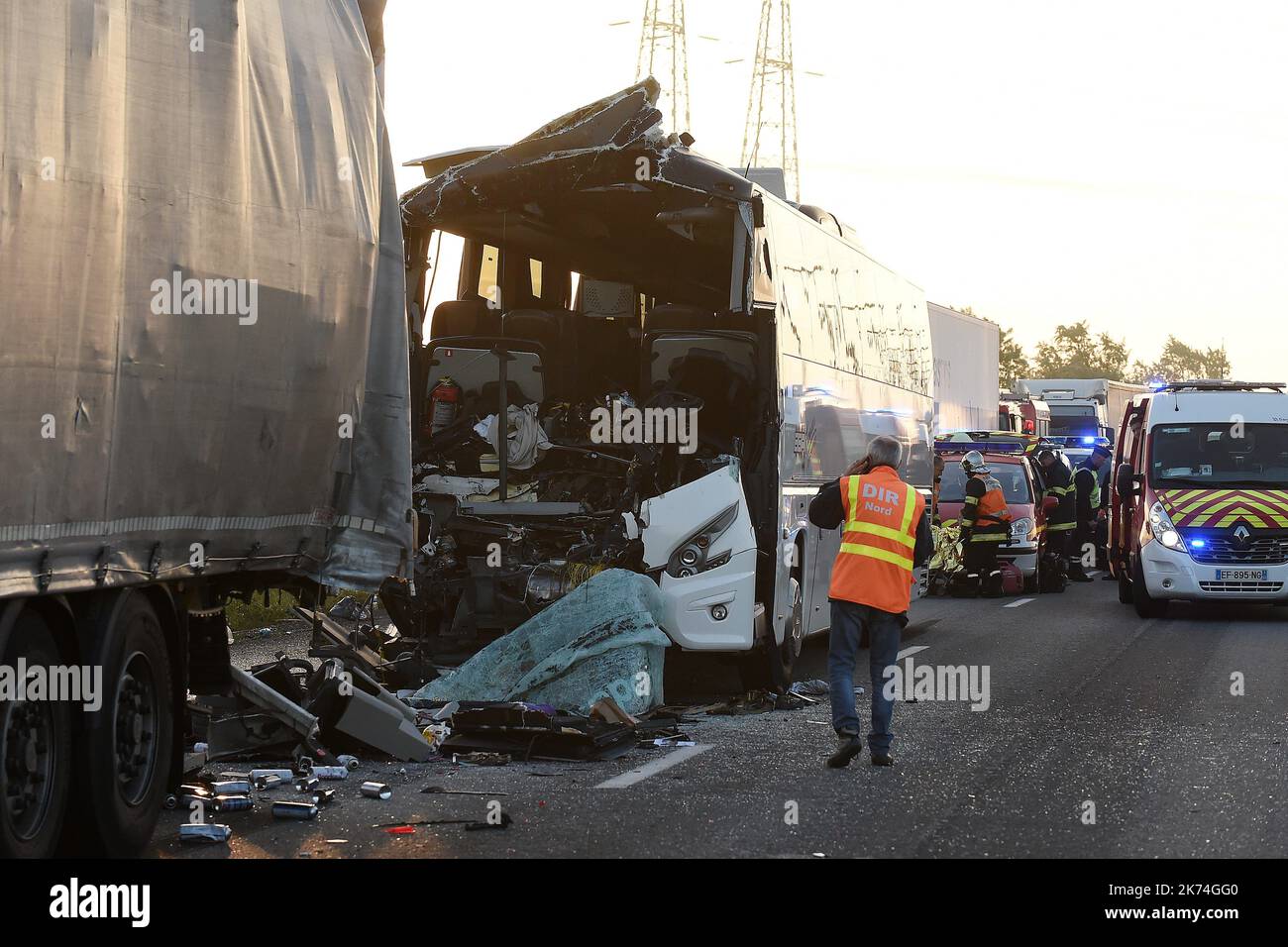 serious accident on A16 high speed motorway between Dutch school bus and truck. The truck would