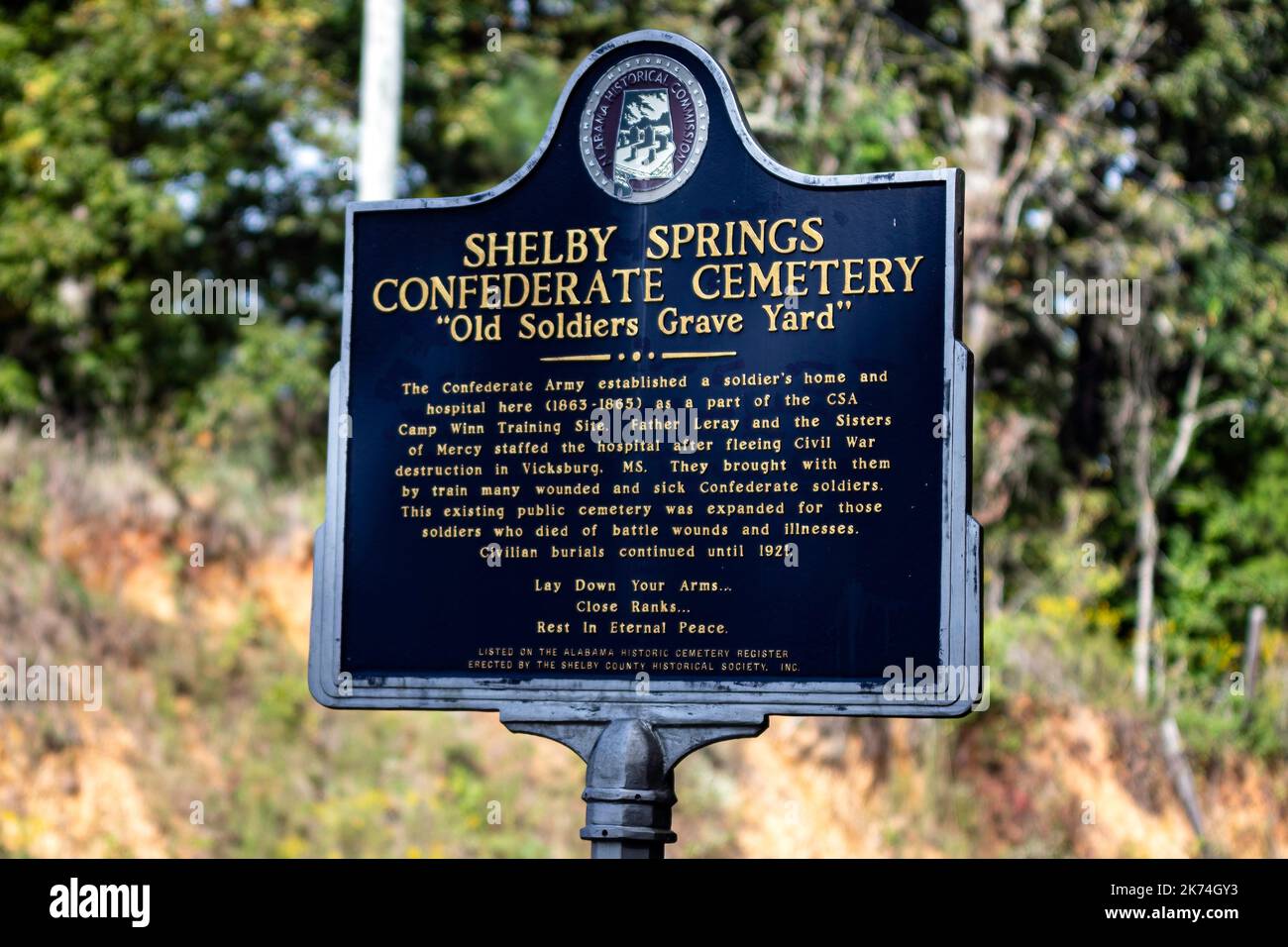 Calera, Alabama, USA-Sept. 30, 2022: Historical marker for the Shelby Springs Confederate Cemetery in Shelby County. Stock Photo