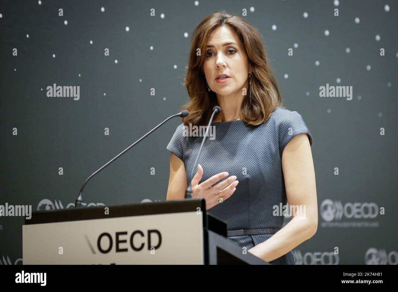 The Danish Crown Princess Mary delivers speech at the round table ' Pink Collar, Blue Collar ' during the Forum 2017 at the OECD (Organisation for Economic Co-operation and Development) headquarters in Paris, France Stock Photo