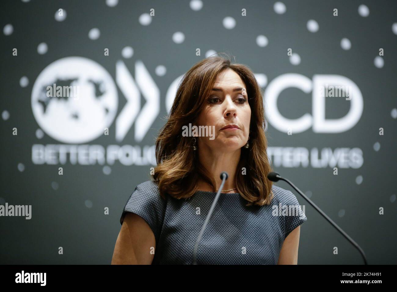 The Danish Crown Princess Mary delivers speech at the round table ' Pink Collar, Blue Collar ' during the Forum 2017 at the OECD (Organisation for Economic Co-operation and Development) headquarters in Paris, France Stock Photo