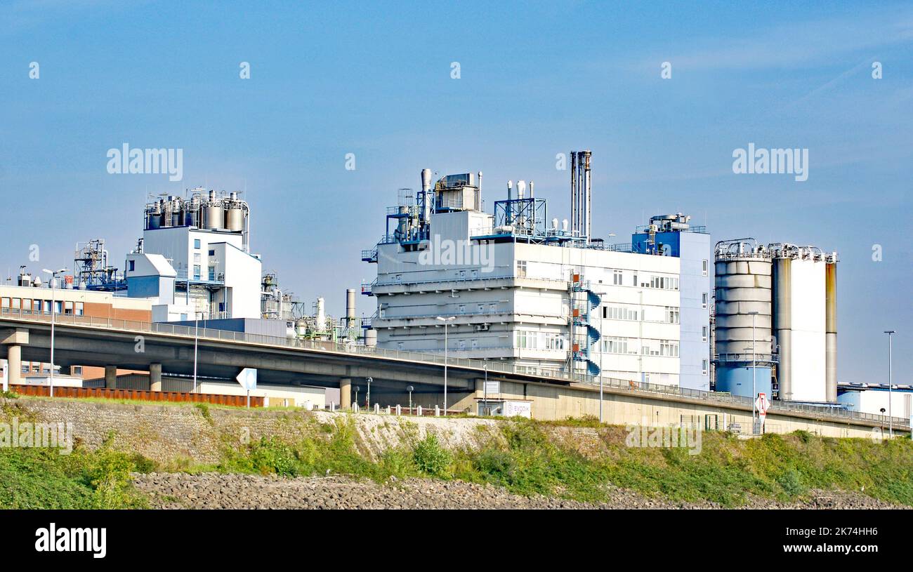 Industry on the banks of the river Rhine in Germany, Europe Stock Photo