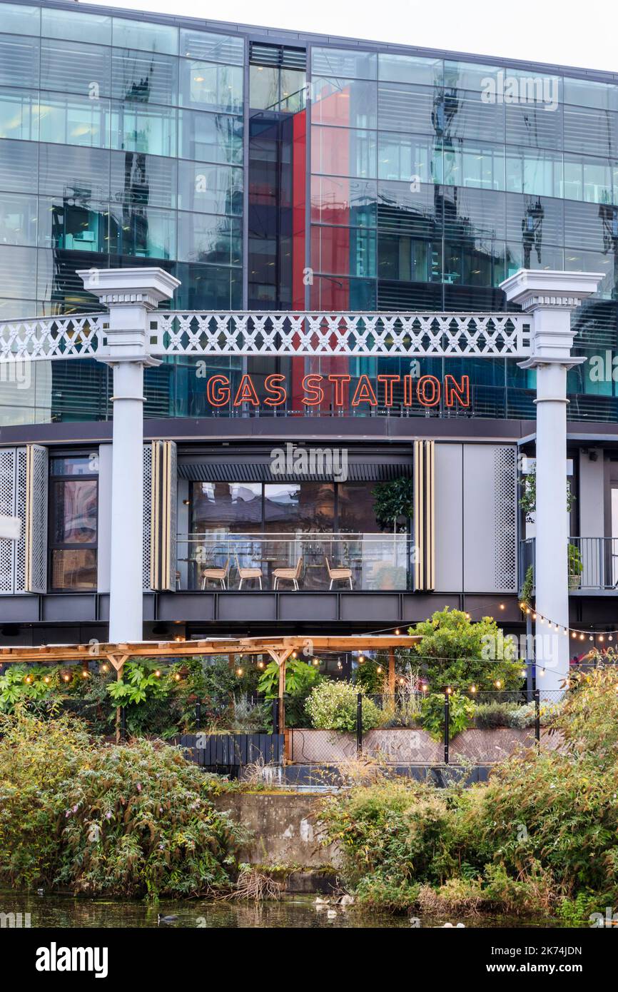 The Gas Station (formerly The Filling Station), a bar and restaurant on Regents Canal at King's Cross, London, UK Stock Photo
