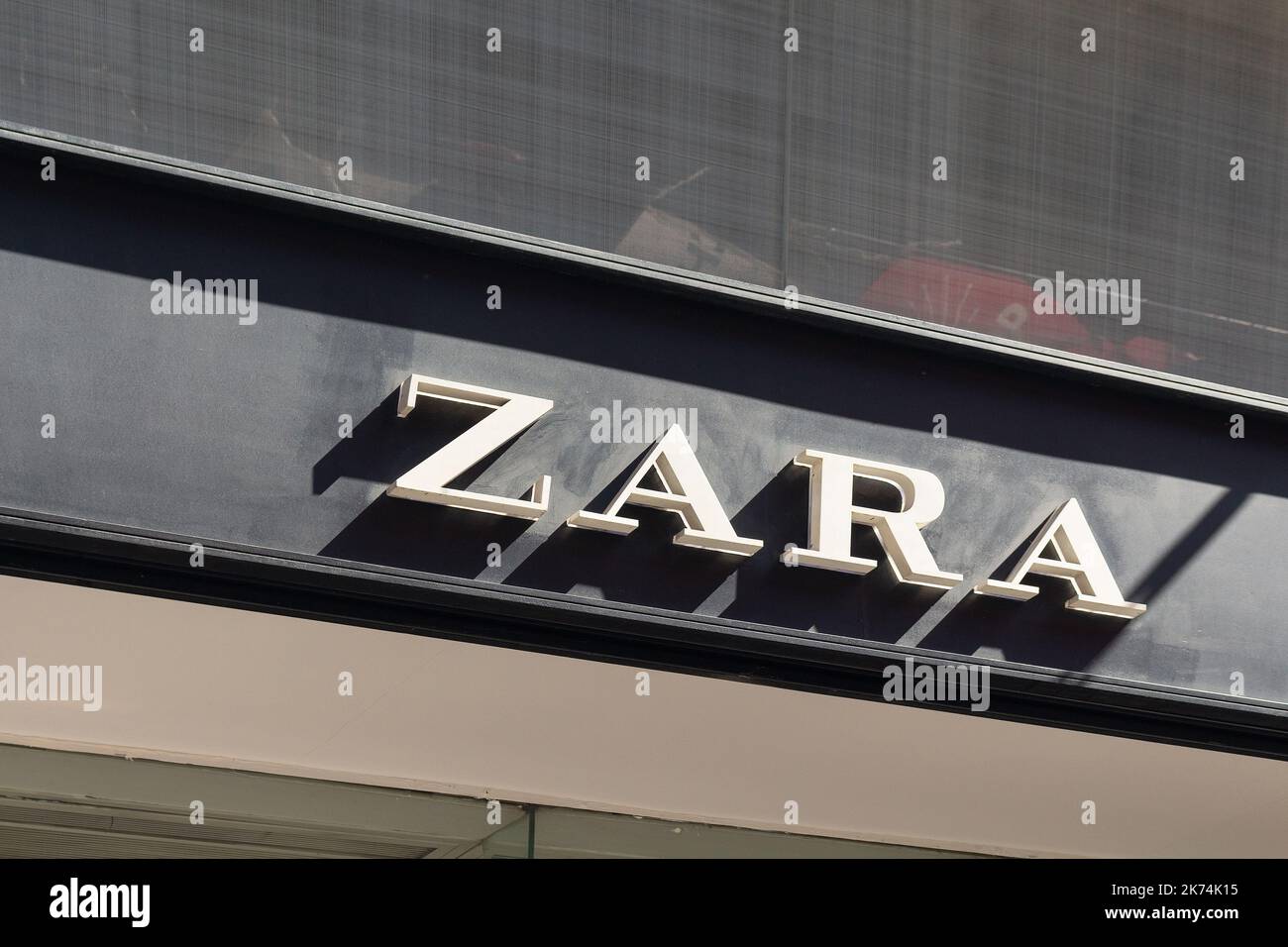 Close up view of Spanish clothing brand's store signage on Istiklal Avenue in Istanbul. Stock Photo