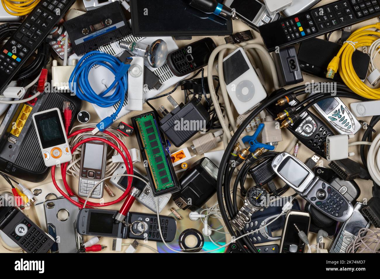 Old out of date technology. Electrical items no longer of any use. Obsolete electrical waste for recycling. Stock Photo