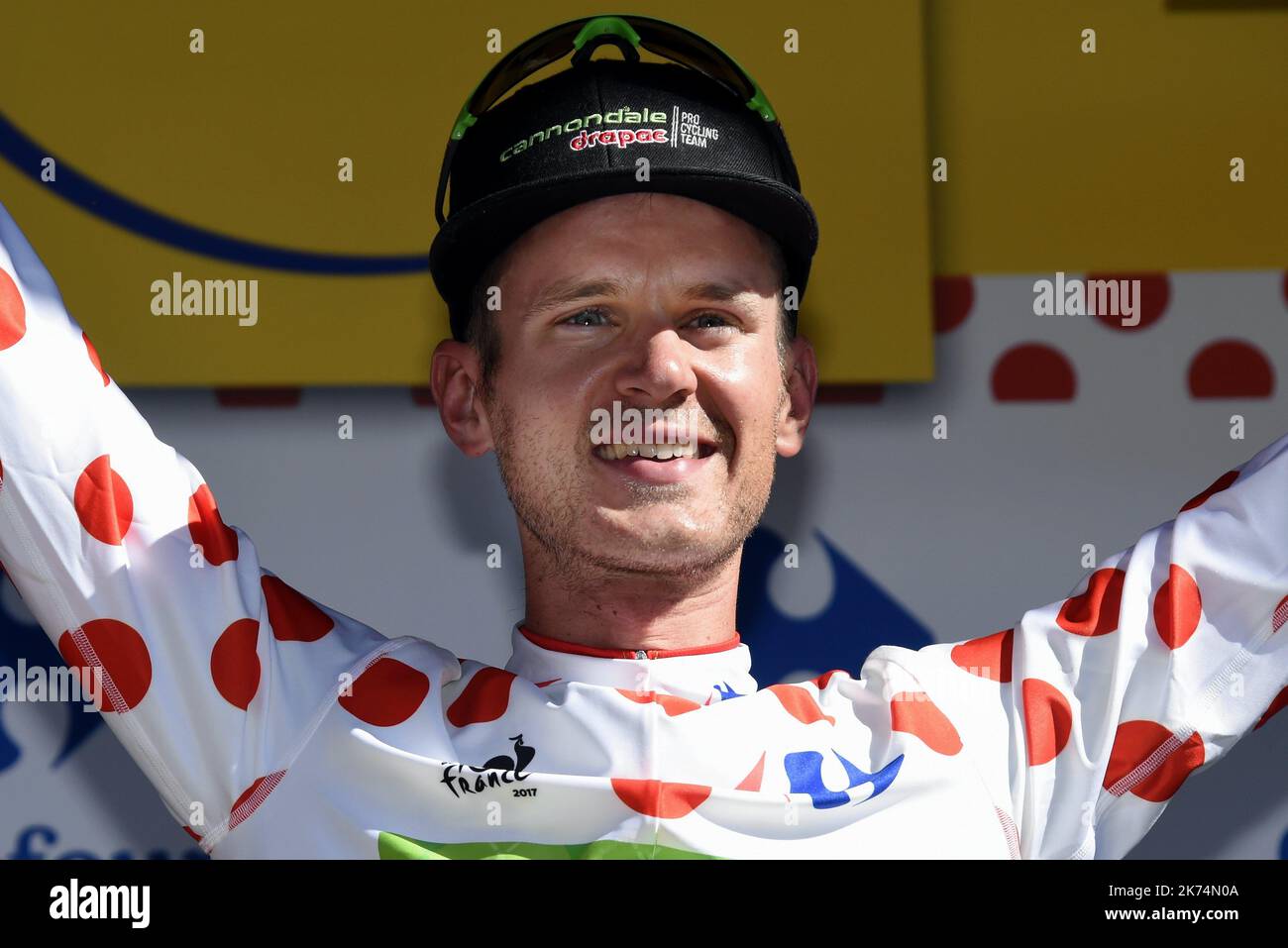 Nathan BROWN conserve son maillot Blanc à Pois Rouges. PHOTO Alexandre MARCHI.   Running from Saturday July 1st to Sunday July 23rd 2017, the 104th Tour de France is  made up of 21 stages and cover a total distance of 3,540 kilometres. Stock Photo