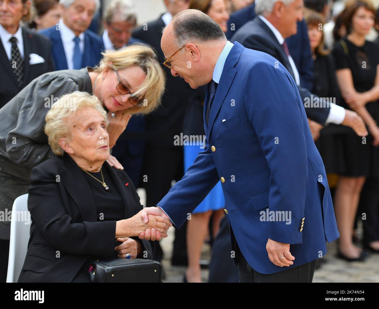 Bernadette Chirac and Bernard Cazeneuve during the funeral ceremony for Simone Veil, in the courtyard of the Invalides in Paris, France, 05 July 2017. Holocaust survivors are joining France's president and European dignitaries at a special memorial ceremony for Simone Veil, who rose from the horrors of Nazi death camps to become president of the European Parliament and one of France's most revered politicians LTG Stock Photo