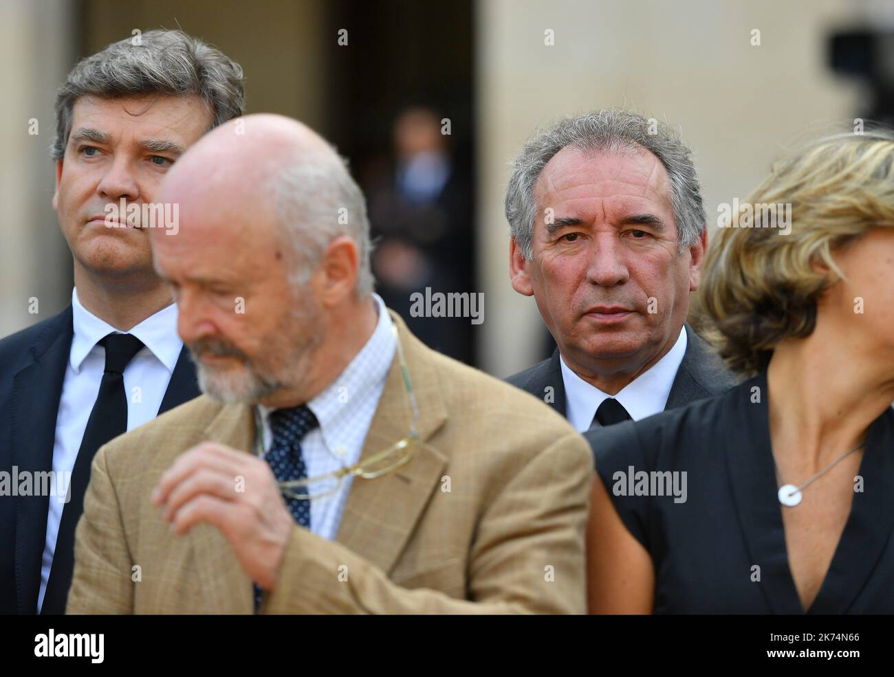 Arnaud Montebourg and Francois Bayrou during the funeral ceremony for Simone Veil, in the courtyard of the Invalides in Paris, France, 05 July 2017. Holocaust survivors are joining France's president and European dignitaries at a special memorial ceremony for Simone Veil, who rose from the horrors of Nazi death camps to become president of the European Parliament and one of France's most revered politicians LTG Stock Photo