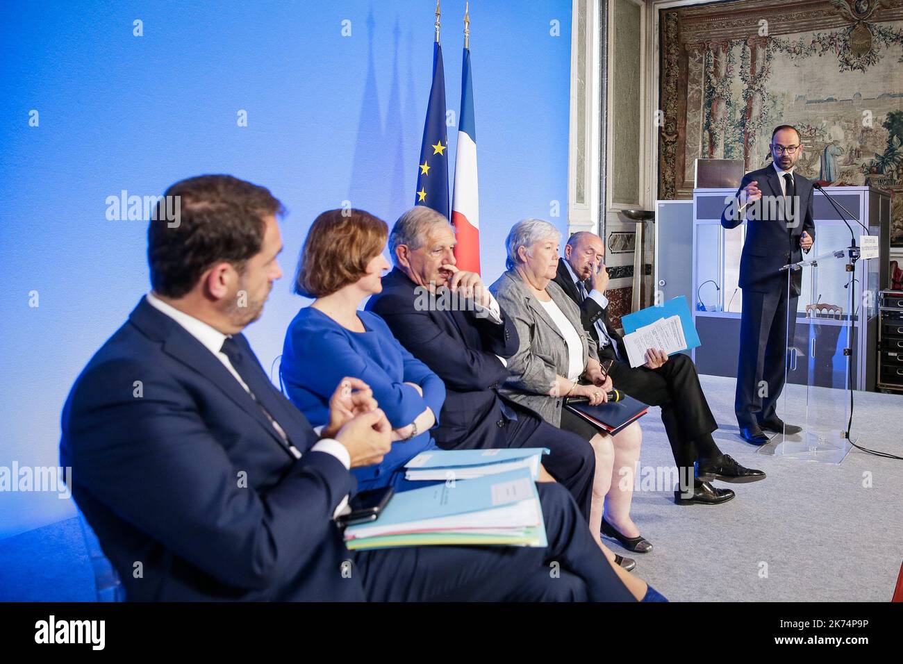 THE PRIME MINISTER EDOUARD PHILIPPE PRESENTS THE PLAN OF ACTION TO GUARANTEE THE RIGHT OF ASYLUM AND BETTER TO MAINTAIN MIGRATION FLOWS AT THE HOTEL DE MARIGNY. IN THE PRESENCE OF CHRISTOPHE CASTANER, SECRETARY OF STATE FOR RELATIONS WITH PARLIAMENT, NATHALIE LOISEAU, MINISTER FOR EUROPEAN AFFAIRS, JACQUES MEZARD, MINISTER FOR THE COHESION OF TERRITORIES, JACQUELINE GOURAULT, MINISTER FOR THE MINISTER OF THE INTERIOR, GERARD COLLOMB , MINISTER OF THE INTERIOR. Stock Photo