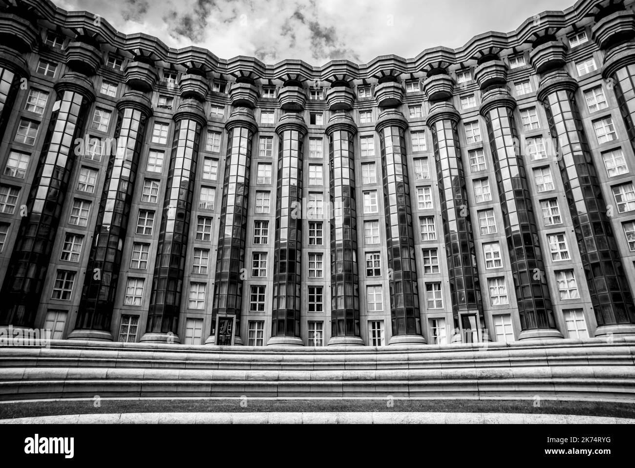 A picture taken on August 01, 2017 shows the 'Theatre' in the Espaces d'Abraxas in the eastern Paris suburban town of Noisy-le-Grand. The Espaces d'Abraxas created by Spanish architect Ricardo Bofill and constructed at the end of the 70s, is a social housing complex which includes 600 apartments. The place was one of the locations of the shooting of the 2014 Francis Lawrence movie 'Hunger Games'. Stock Photo