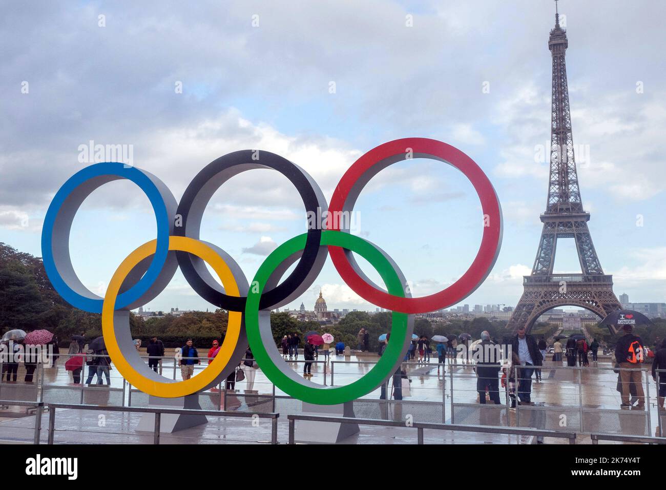 The Olympics Rings on the Trocadero Esplanade near the Eiffel Tower in