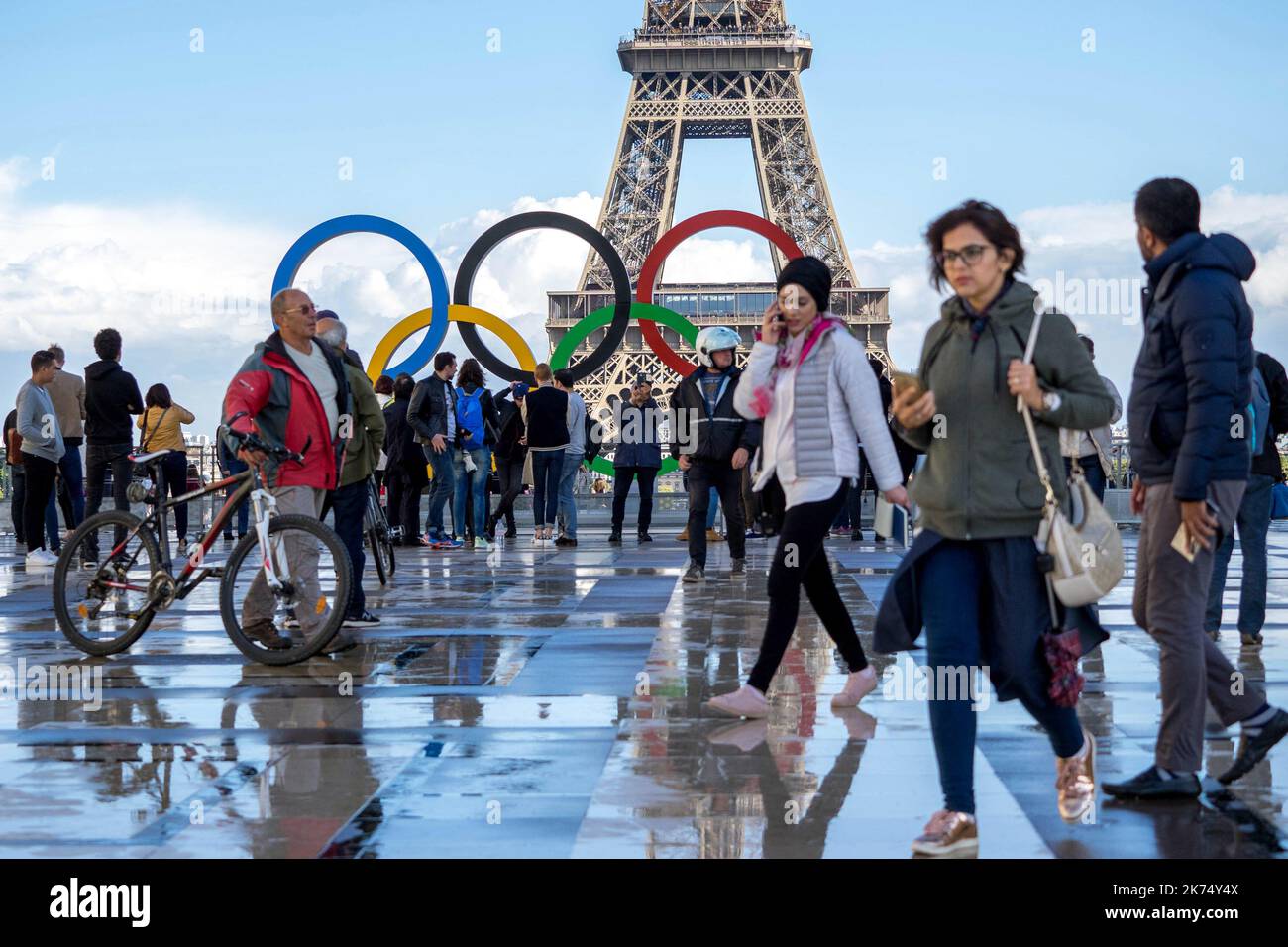 The Olympics Rings on the Trocadero Esplanade near the Eiffel Tower in Paris, after the