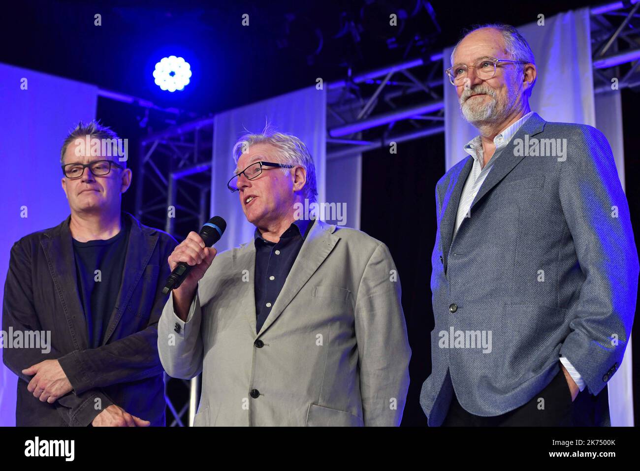 from left to right, director Christopher Smith, Actoret director Phil Davis and Actor Jim Broadbent   Dinard the 28th of September 2017 - 28th Dinard British Film Festival Stock Photo