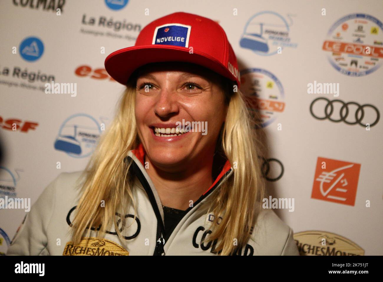 Jennifer Piot attends a press conference 2 days before the Opening of the Alpine Ski World Cup in Solden on October 26, 2017 Stock Photo
