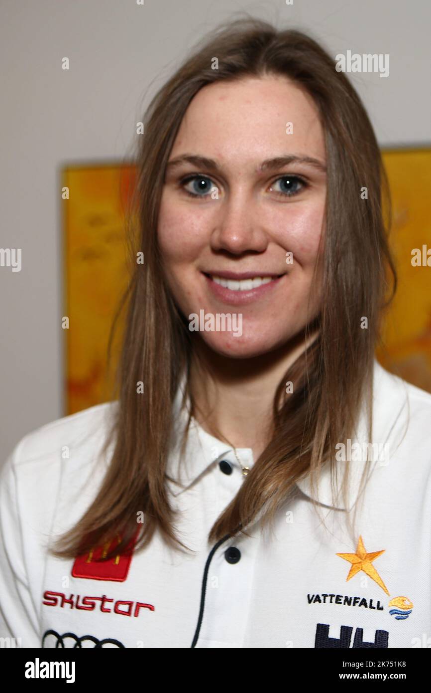 Estelle Alphand attends a press conference 2 days before the Opening of the Alpine Ski World Cup in Solden on October 26, 2017 Stock Photo