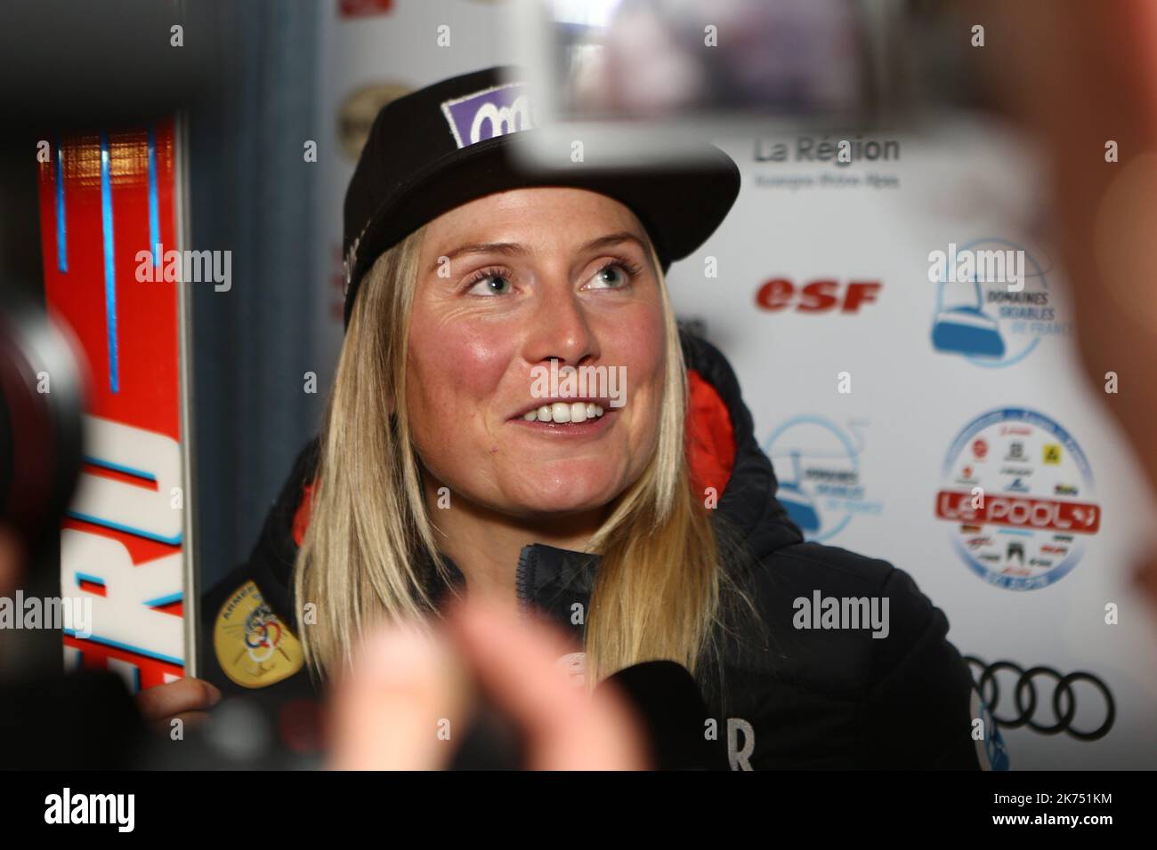 Tessa Worley attends a press conference 2 days before the Opening of the Alpine Ski World Cup in Solden on October 26, 2017 Stock Photo