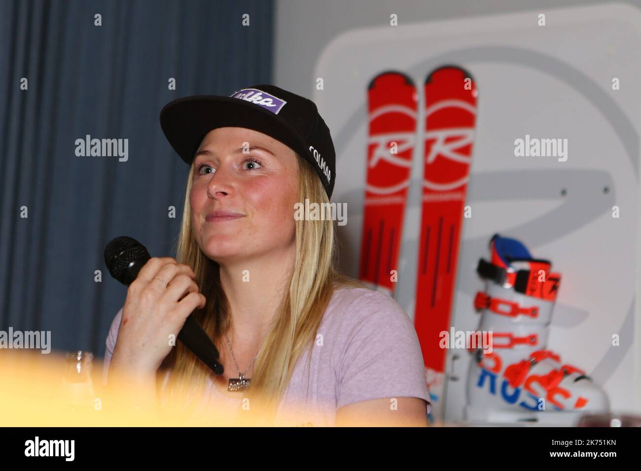 Tessa Worley attends a press conference 2 days before the Opening of the Alpine Ski World Cup in Solden on October 26, 2017 Stock Photo