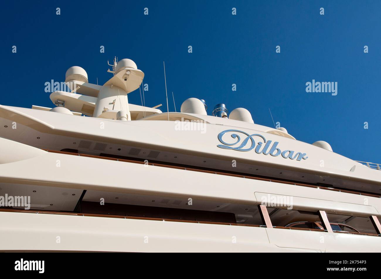 Dilbar, detail of the luxury Yacht berthed in the port in Barcelona,  owned by Russian billionaire and oligarch Alisher Usmanov, Ciutat Vella, Spain Stock Photo