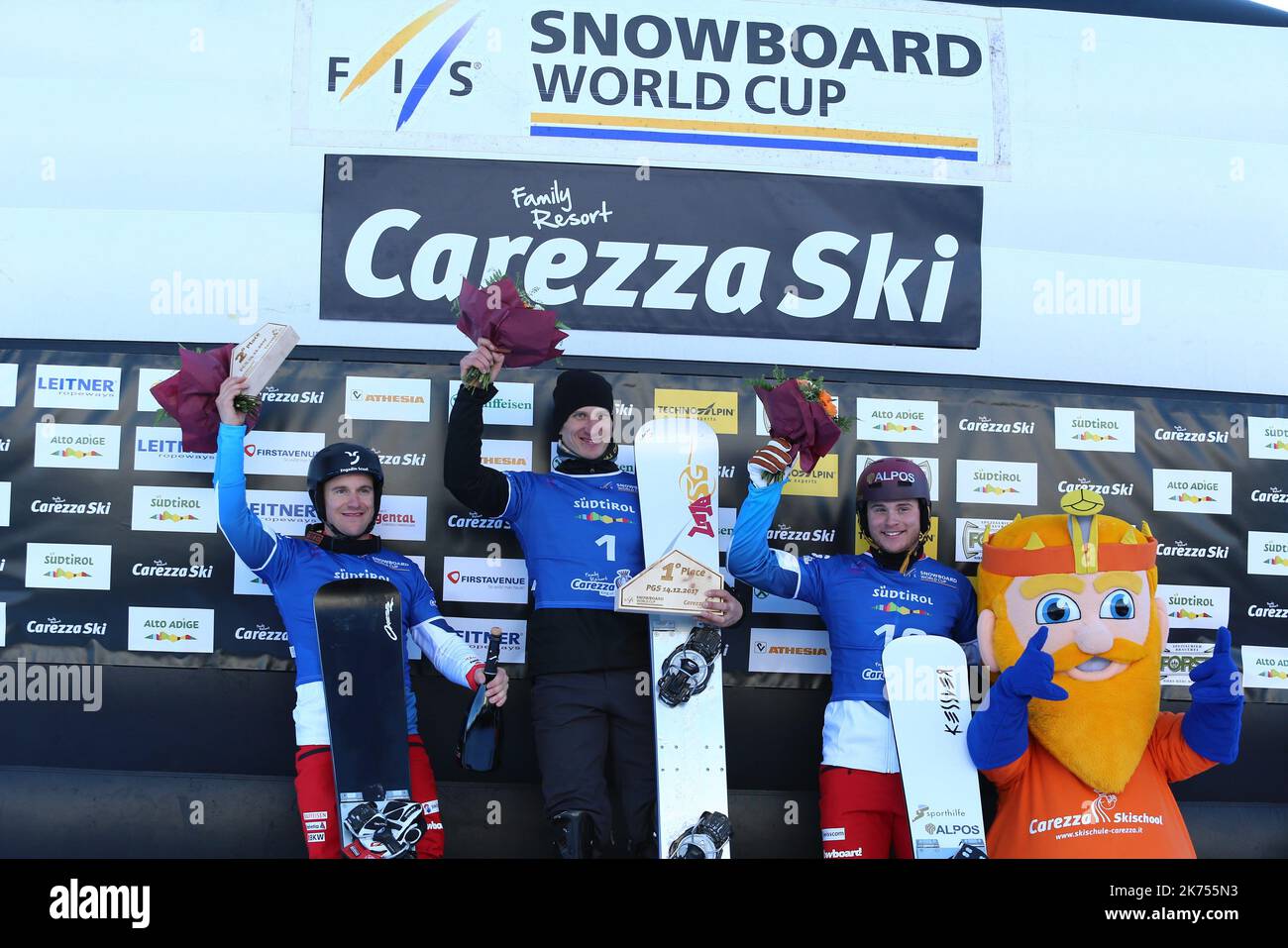Snowboard World Cup 2018 FIS in Carezza, on December 14, 2017; Parallel Giant Slalom; Nevin Galmarini (SUI), Andrey Sobolev (RUS), Dario Caviezel (SUI) © Pierre Teyssot / Maxppp Stock Photo