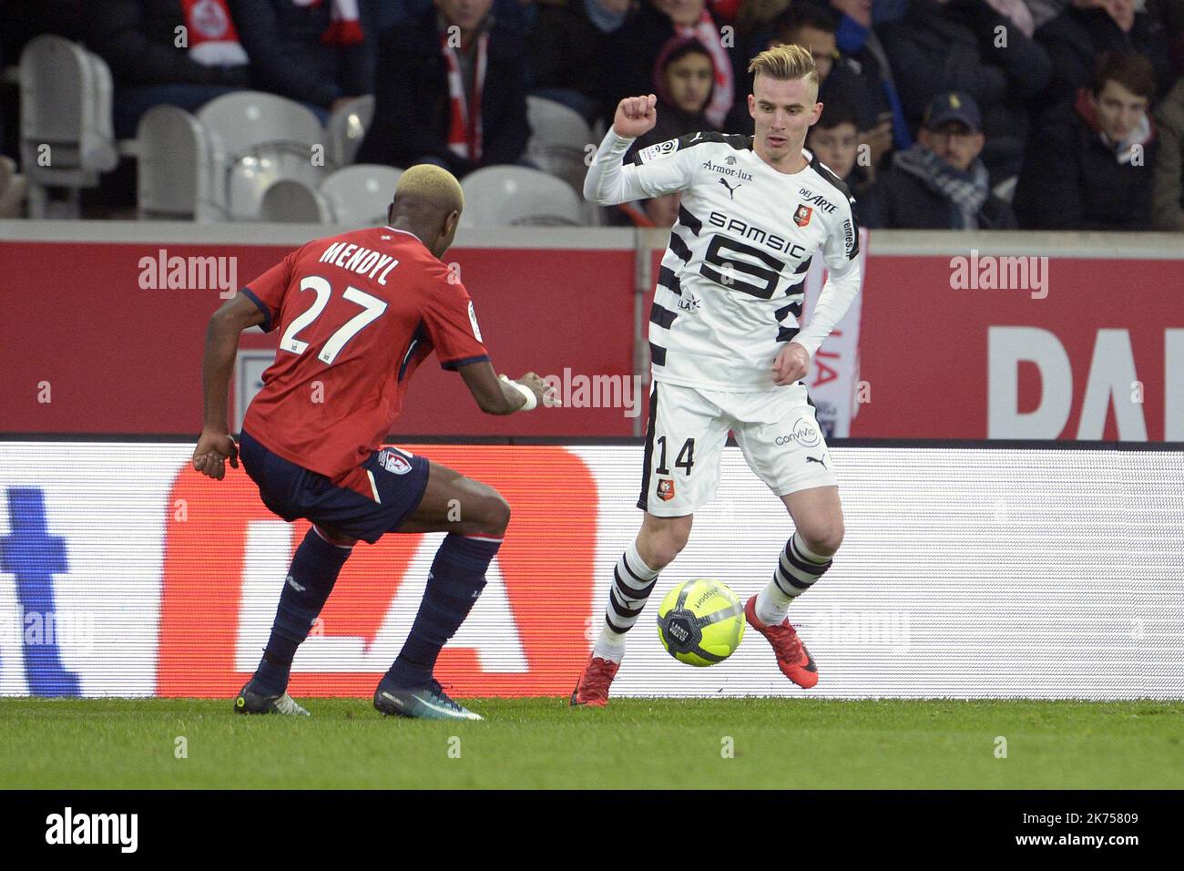 Benjamin Bourigeaud . 14 . Hamza Mendyl . 27 . during the Lille OSC v Stade Rennais Ligue 1 match at the Stade Pierre-Mauroy, Lille Stock Photo