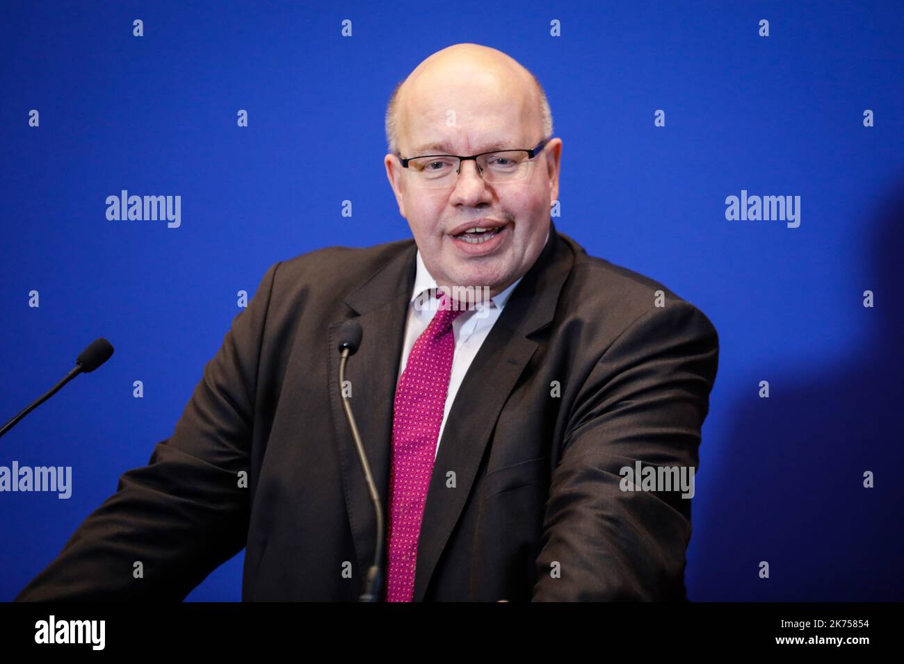 French Economy Minister receives German Minister of Finance Peter Altmaier in Paris on January 18, 2018. Stock Photo