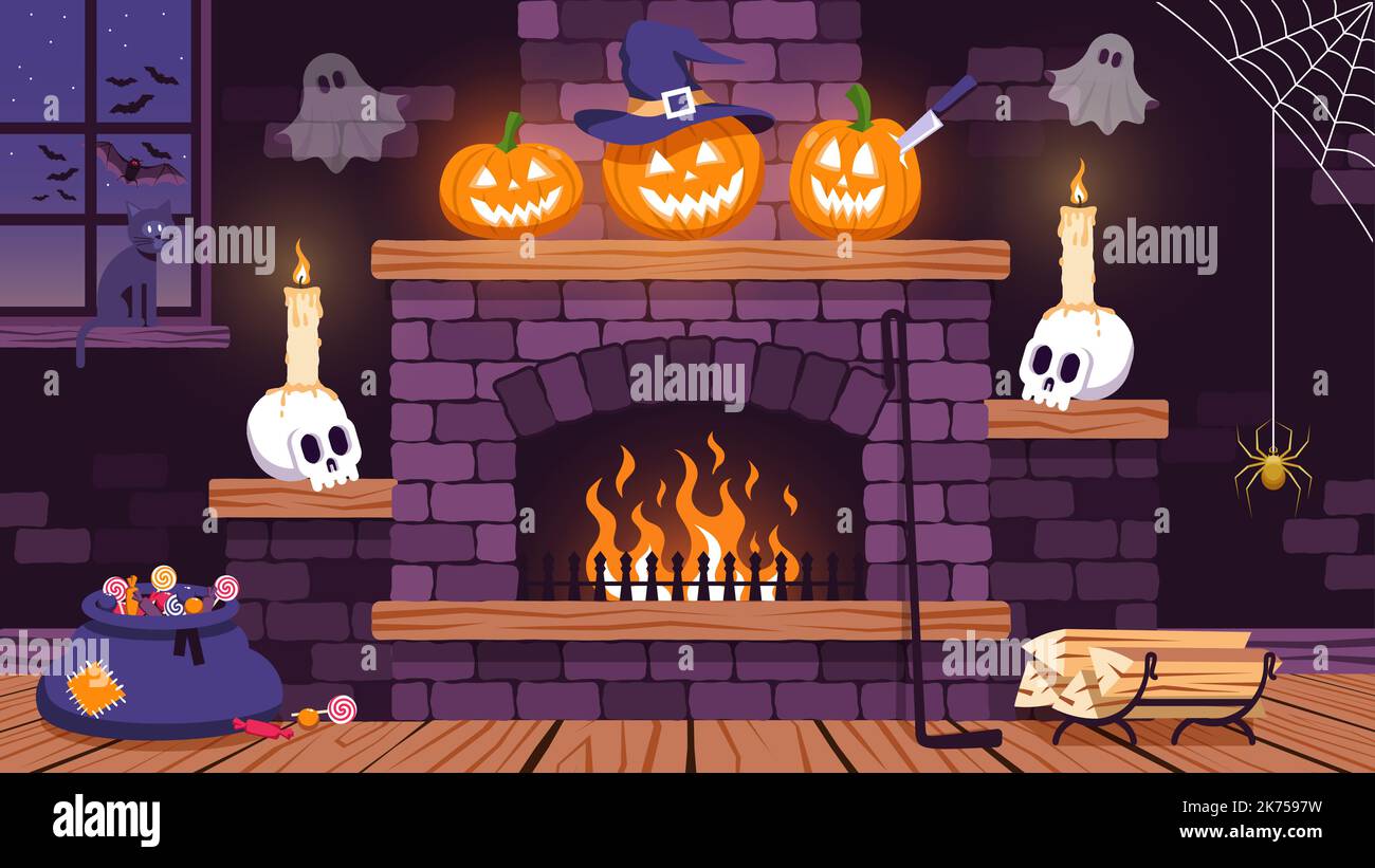 Halloween room with fireplace, pumpkins and skulls Stock Vector
