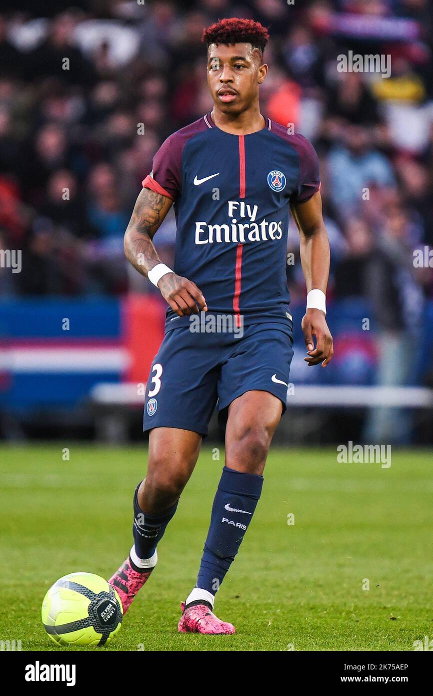 Paris Saint Germain's Presnel Kimpembe in action during the French Ligue 1 soccer match between Paris Saint Germain (PSG) and Racing Club Strasbourg Alsace at the Parc des Princes stadium in Paris, France, 17 February 2018.  Stock Photo