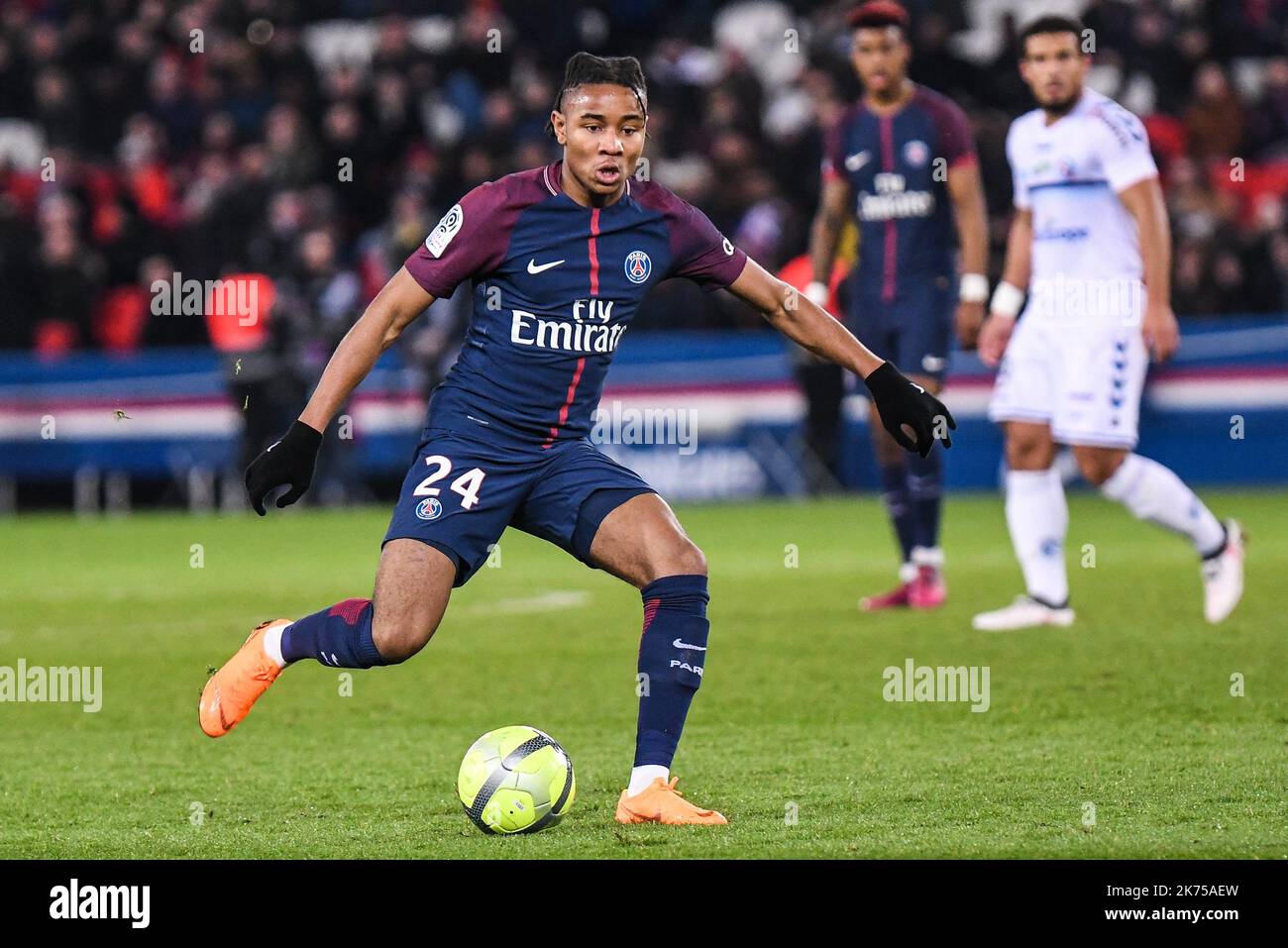 Paris Saint Germain's Christopher Nkunku in action during the French Ligue 1 soccer match between Paris Saint Germain (PSG) and Racing Club Strasbourg Alsace at the Parc des Princes stadium in Paris, France, 17 February 2018.  Stock Photo