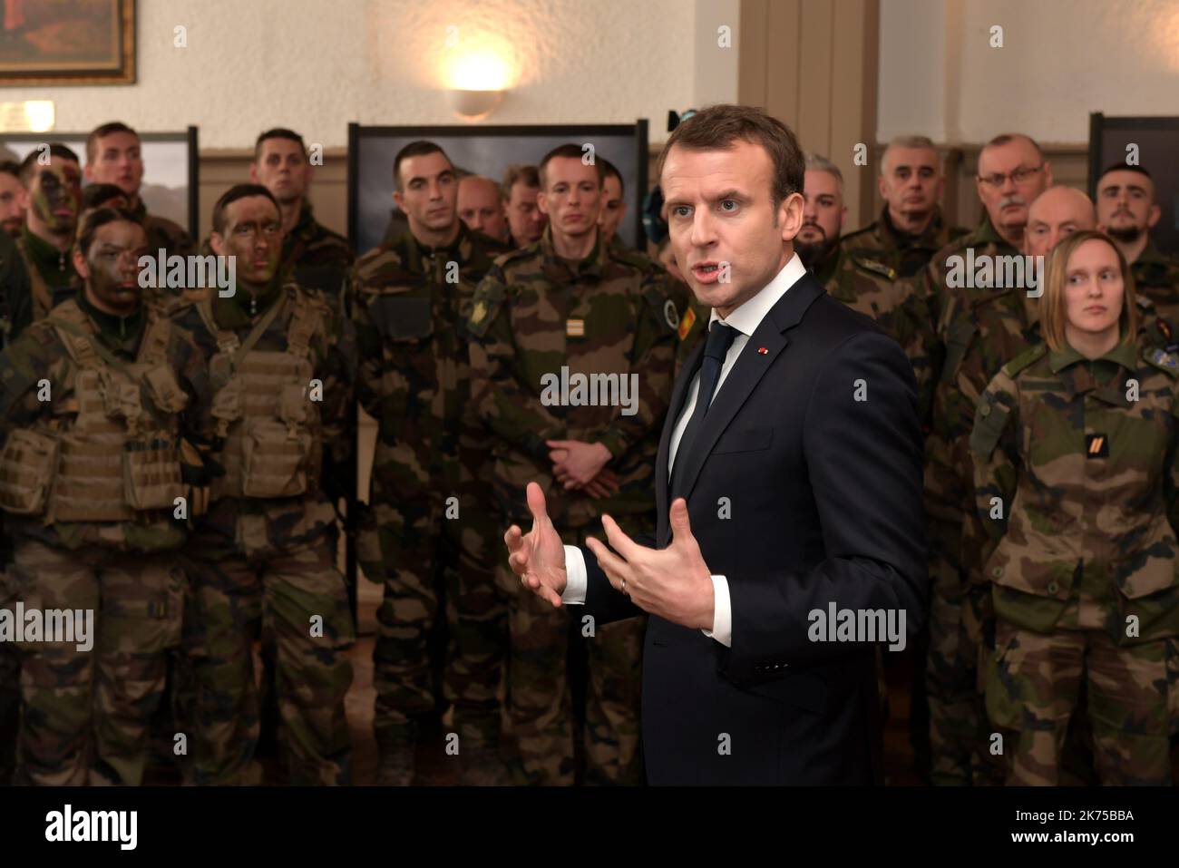 French President Emmanuel Macron DURING a visit at the military camp of ...
